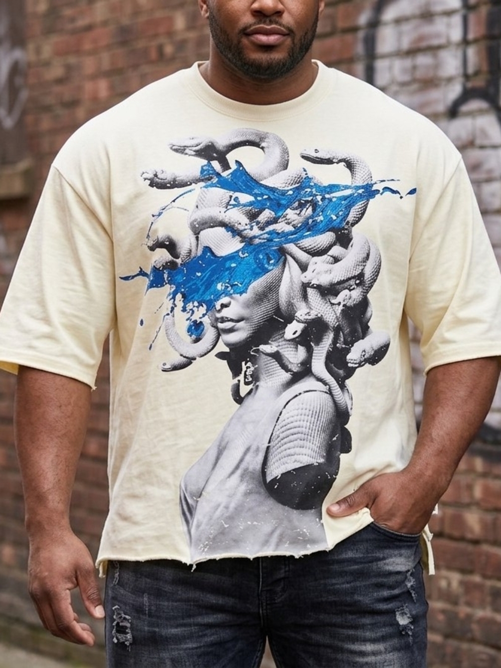 Cream Short Sleeve Graphic Tee with Blue Splash Print